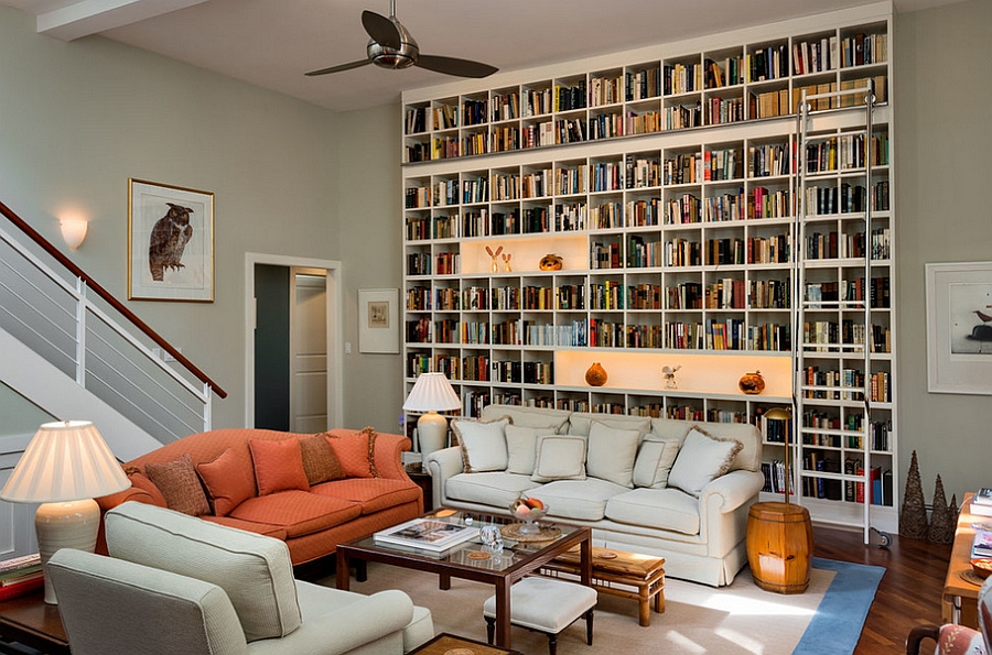 living room wall of books