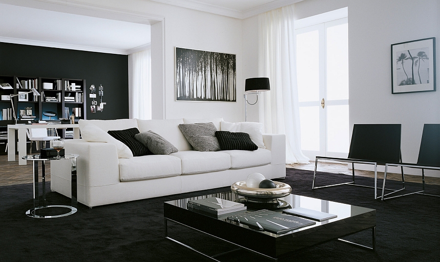 Fabulous black and white living room composition with trendy decor