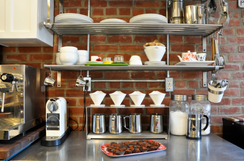 kitchen wall shelving stainless steel and wood