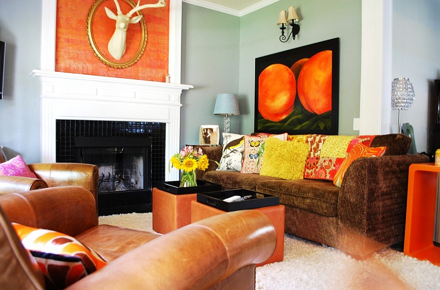 black white orange living room