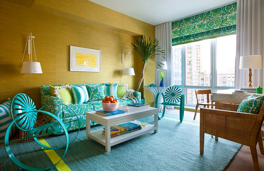 Turquoise Yellow And Brown Living Room