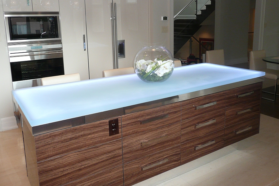 Elegant Modern Kitchen Island With A Durable Glass Countertop Decoist 1681