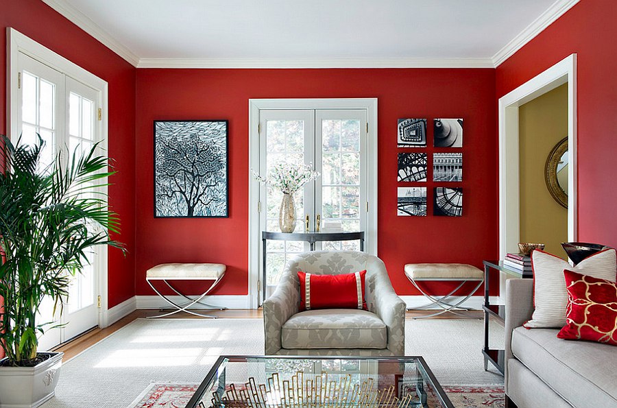 living room design red and white
