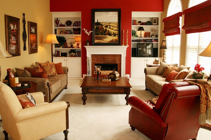 red accent wall living room design