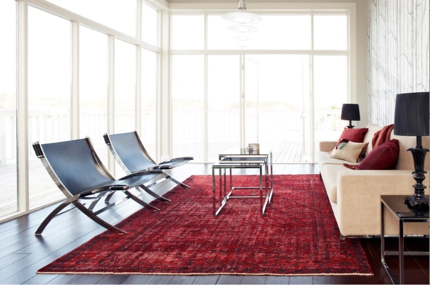 living room with red rug