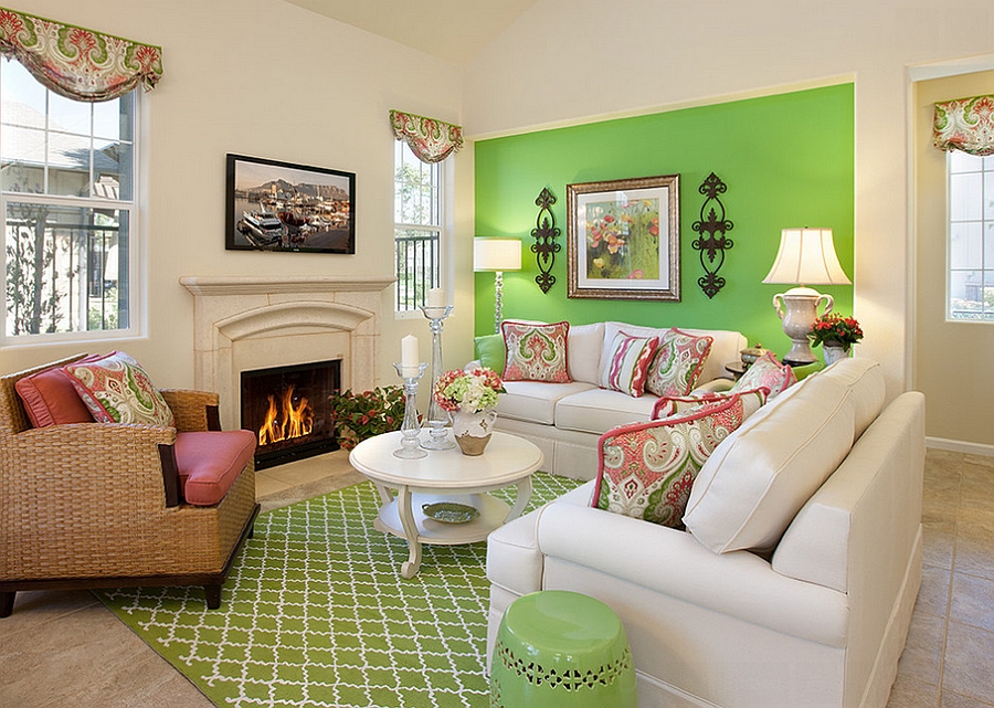 pink and green living room walls