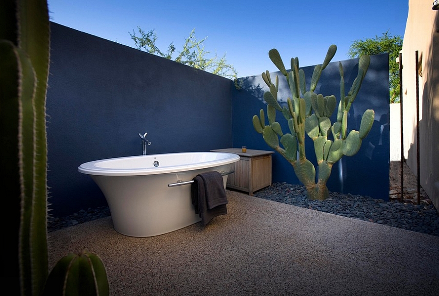 Fabulous outdoor Mediterranean bathroom with plenty of blue [Design: Exteriors by Chad Robert]