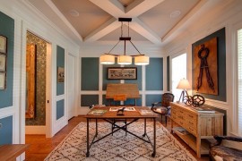 Blue and white home office has a cheerful, airy ambiance