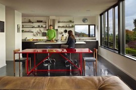 Exciting dash of red enlivens the cool kitchen space