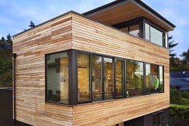 Exterior of the Cycle House in Seattle draped in wood