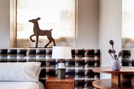 Renovated master bedroom has a soothing, modern atmosphere