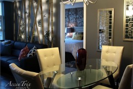 Asian living room with a brilliant custom-designed bamboo feature