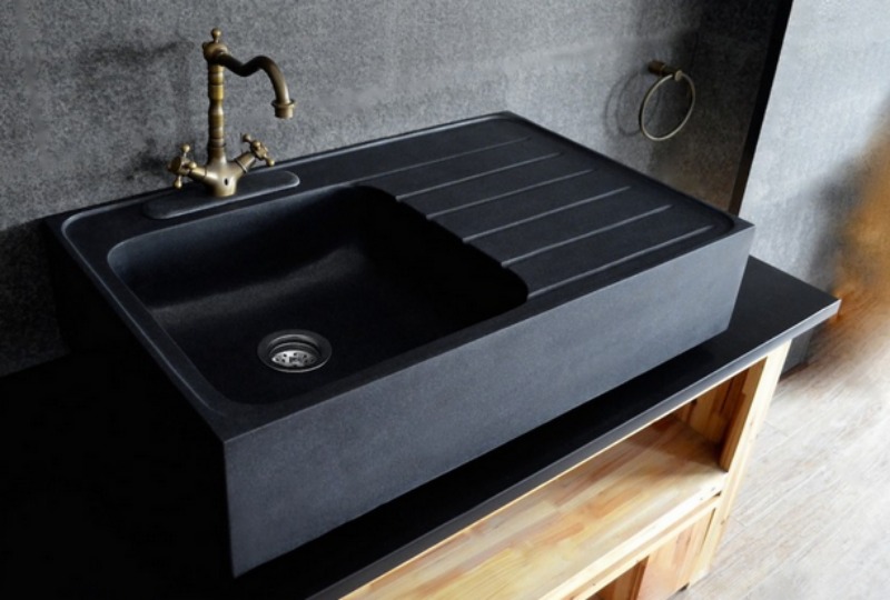 black granite apron sink kitchen