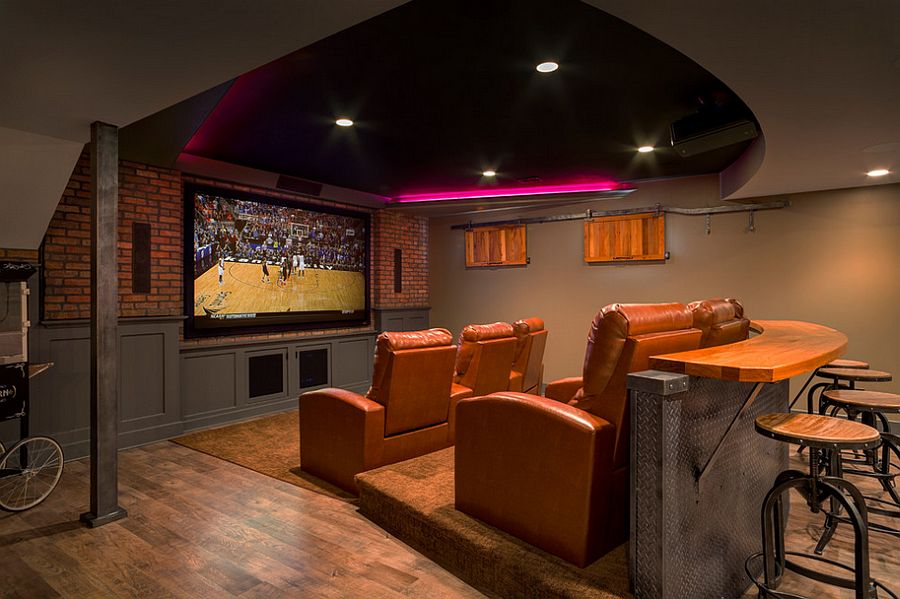 Custom designed bar adds to the appeal of the basement home theater