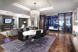 Living space of the lavish condominium that reflects the opulence of Ritz-Carlton