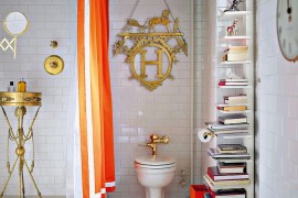 Sapien Bookcase adds elegance to the eclectic bathroom in black and white