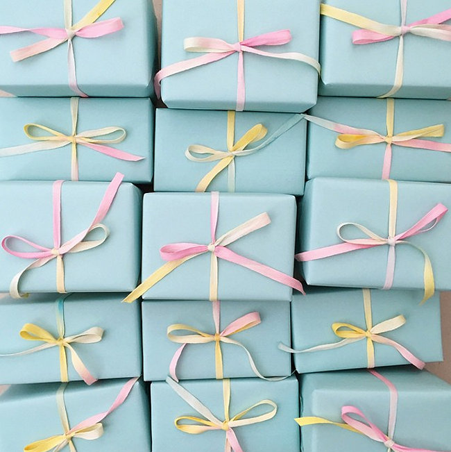 Dyed ribbon embellishes pastel packages