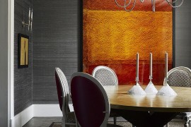 Silk wallpaper adds texture to the modern dining room
