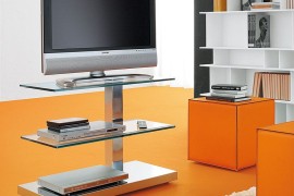 Standalone TV unit with steel frame and glass shelves takes up little space
