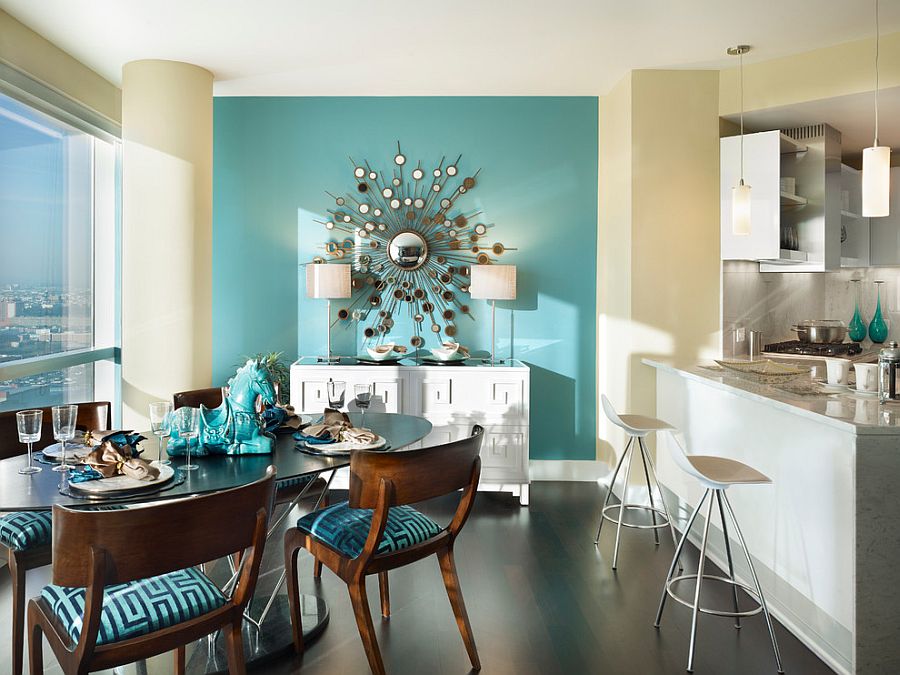 turquoise and white dining room