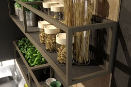 Aluminum shelves and laminate oak paneling shape the stylish wall-mounted kitchen shelf