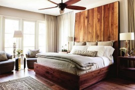 Cool headboard brings an interesting visual to the bedroom