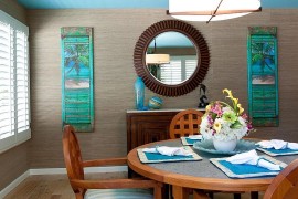 Dashing tropical style dining room with blue ceiling