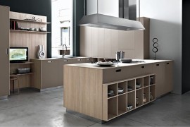 Elegant kitchen island with open shelves and ample cabinet space