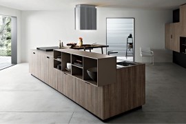 Ingenious kitchen island design in wood with an open shelf