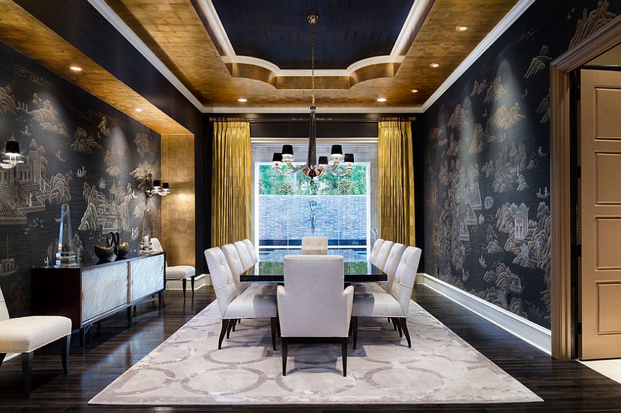 Mediterranean dining room in gold and black with modern vibe [Design: JAUREGUI Architect Builder]