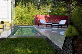 Narrow pool plays to the dimensions of the modern house