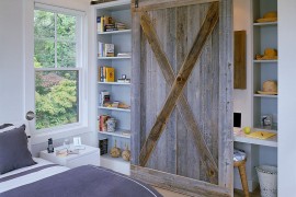 Reclaimed barn wood door for the bedroom shelf and office nook