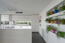 Colorful herb garden brings liveliness to the white contemporary kitchen