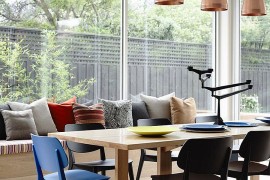 Copper pendants add metallic glint to the interior