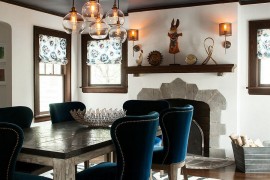 Dining table chairs bring a splash of blue to the dreamy setting