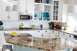 Gorgeous kitchen in aqua and white with open cabinetry