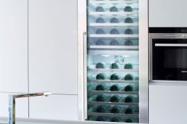 Gray frosted glass adds to the appeal of the kitchen