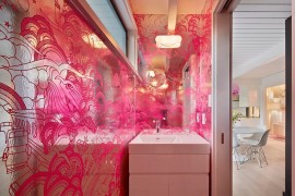 Midcentury powder room in fucsia and silver