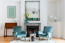 Old tree stump turned into a small coffee table for the conversation nook