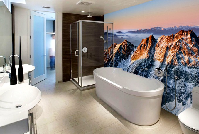 Mountains in the bathroom bring contrast and fun