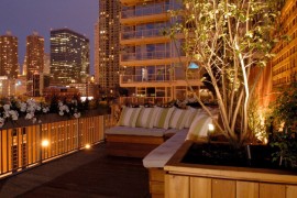 Tree lighting on a rooftop lounge