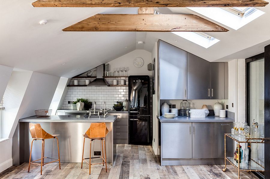 Attic kitchen with skylights and tiled backsplash [Design: Barlow & Barlow Design]