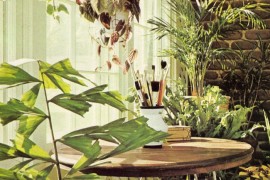 Brick, lattice and houseplants in a bright indoor space