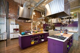 Classy use of purple in the industrial kitchen