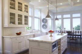 Coffered ceiling in a light and airy kitchen