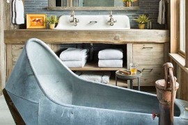 Custom vanity and bathtub shape the ingenious rustic bathroom [Design: Beck Building Company]