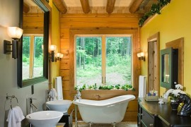 Farmhouse and rustic styles rolled into one inside this narrow bathroom [Design: Littlebranch Farm]