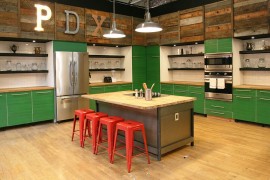 Fun use of color and reclaimed wood in the unique kitchen [Design: Jen Chu Design]