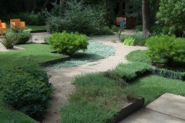 Grass and gravel in a landscaped outdoor space
