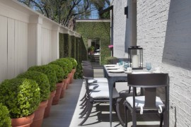 Manicured greenery in an outdoor dining area